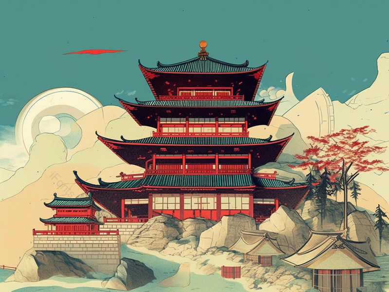 正面仰视古城古代建筑黄色天空山顶水墨写意古典主义绘画,插画/手绘图,插画/手绘图库,插画/手绘图下载,插画/手绘